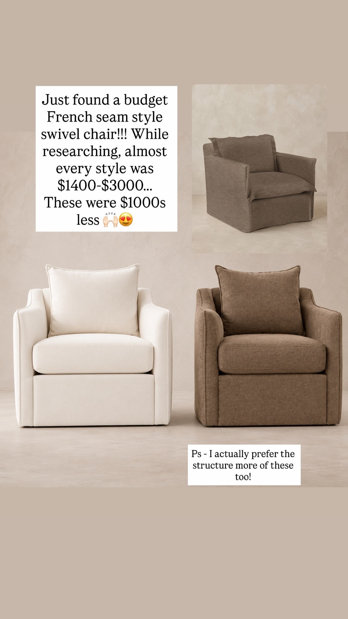 Just found a budget French seam style swivel chair!!! While researching, almost every style was $1400-$3000……. These were $1000s less 🙌🏻😍