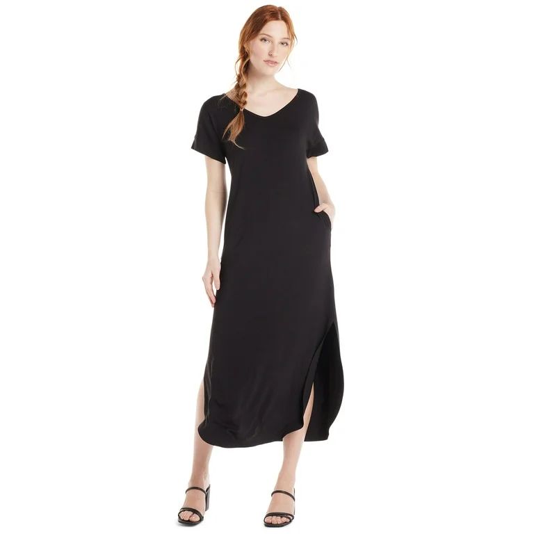 Time and Tru Women's V-Neck Knit Maxi Dress with Short Sleeves, Sizes XS-XXXL | Walmart (US)