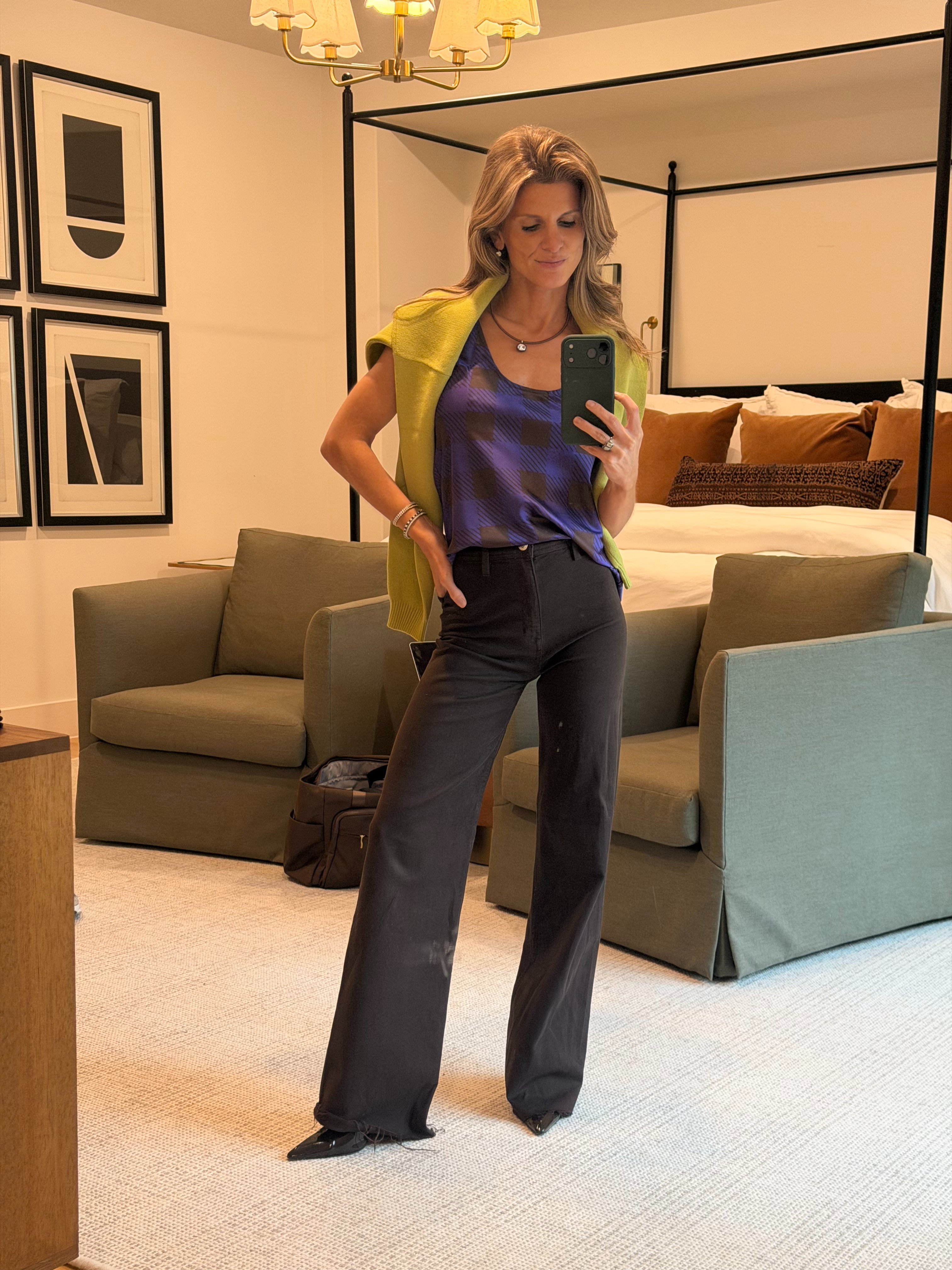 Brown and purple color combo for dinner outfit! Leset tank (wearing XS) and pistola brown wide leg denim (TTS). With a pop of chartuese in the sweater!