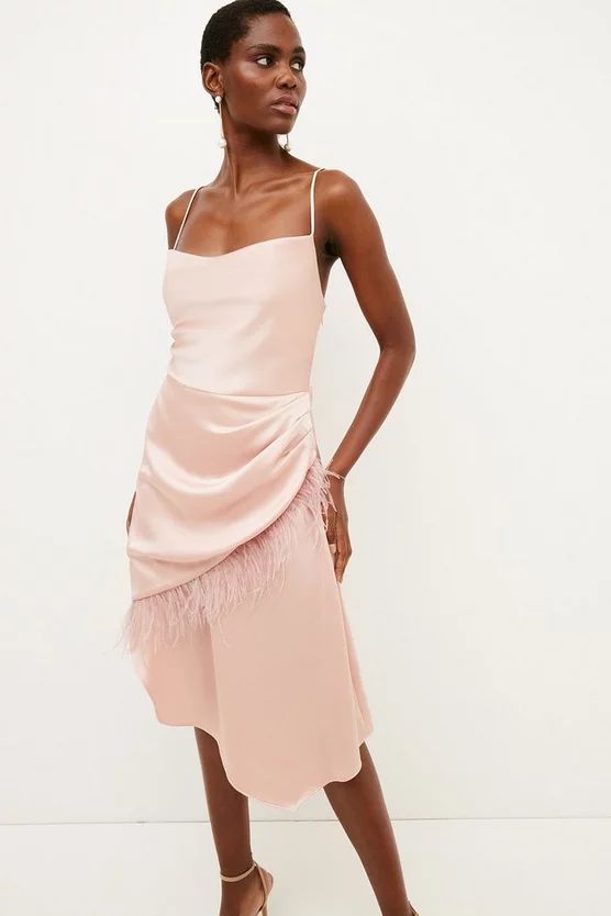 Satin Crepe Cowl Neck Feather Cami Midi Dress | Karen Millen US