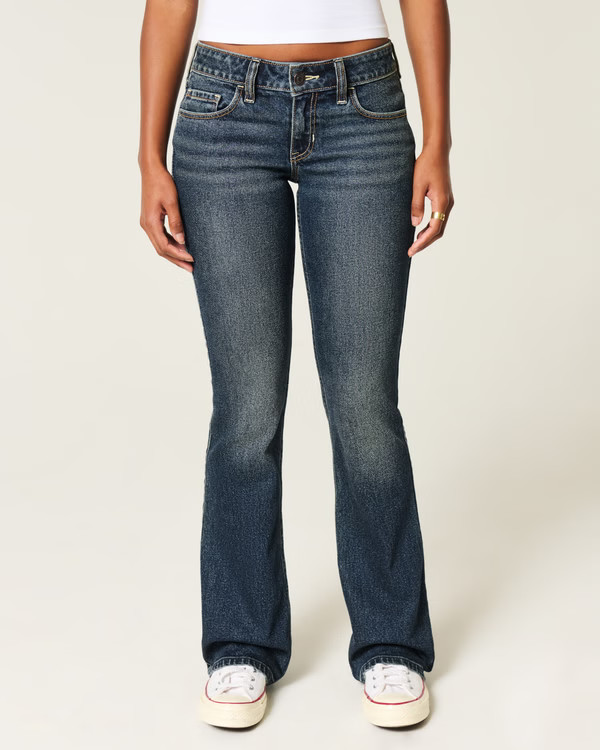 Low-Rise Dark Wash Embroidered Bootcut Jeans | Hollister (US)