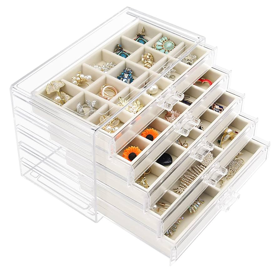 Acrylic Jewelry Box with 5 Drawers, Clear Earring Storage Organizer Display Case for Women Girls,... | Amazon (US)