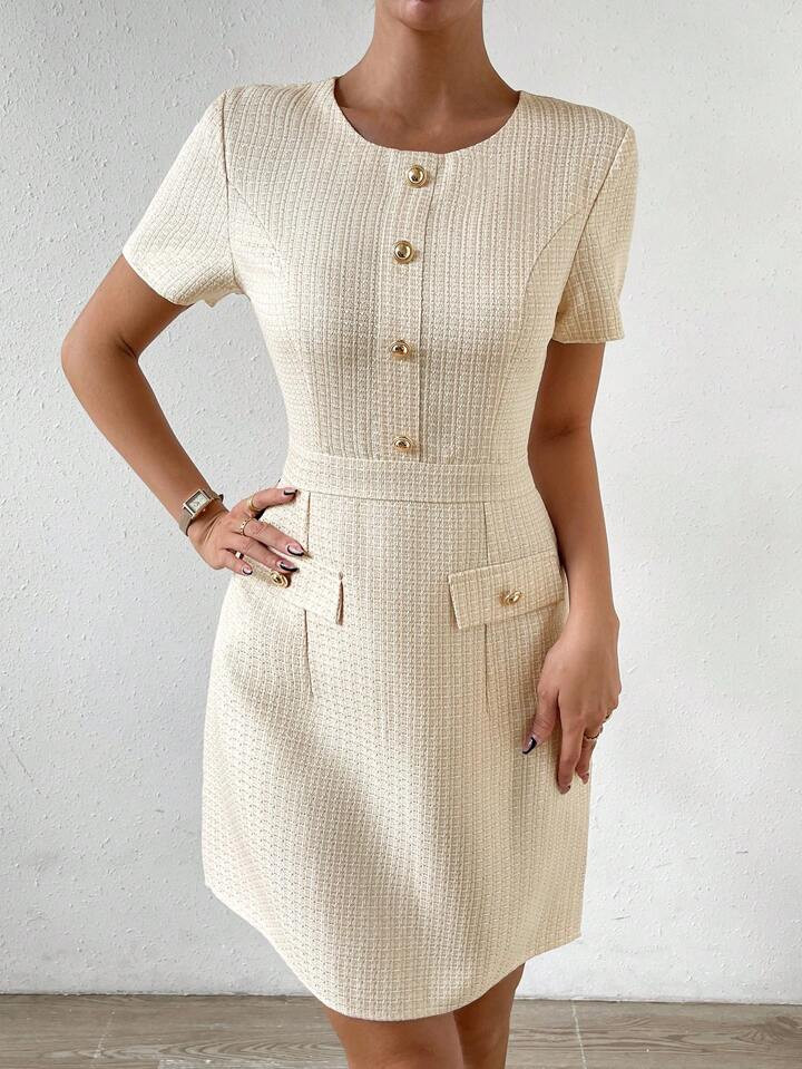 SHEIN Privé Button Detail Flap Detail Tweed Dress | SHEIN