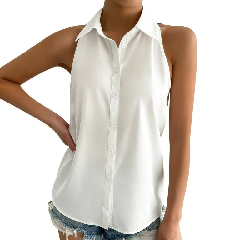 Riforla Women's Sleeveless Button Down Shirts Blouses Solid Casual Loose V Neck Tank Tops for Wor... | Walmart (US)