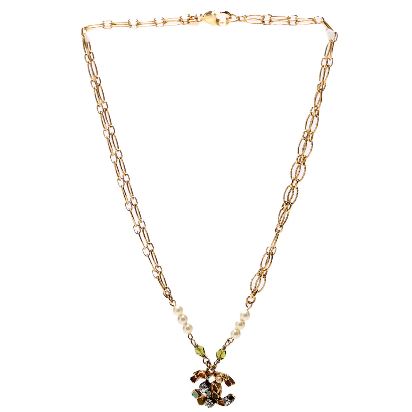 Beaded CC Double Chain Necklace Gold/Multicolor | Keeks Designer Handbags