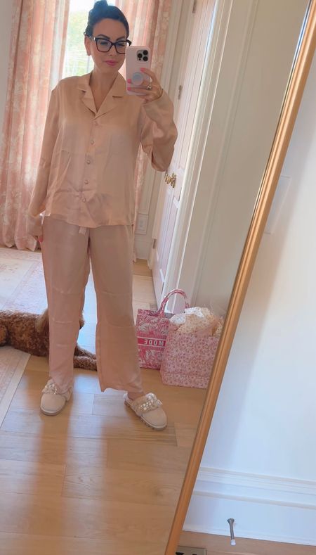 Blush pink silk pajamas from the Nordstrom anniversary sale! These are washable too but the silk is a much thinner fabric as compared to the lunya brand version in the sale. Each have their pros and cons and fit tts. These do not have pockets. I do like the longer top. They run shorter in length on the pants so best for 5’7 and under whereas the lunya pant length is ibetter for 5’8 and up  

#LTKxNSale #LTKsalealert