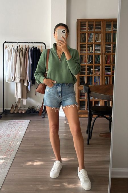 #7 bestseller of May - the Sam Edelman Sneakers 

• Green zip sweatshirt - small (sold out, linked similar) 
• denim shorts sized down two sizes 23 (sold out, linked similar) 
• white sneakers - tts

#LTKunder100