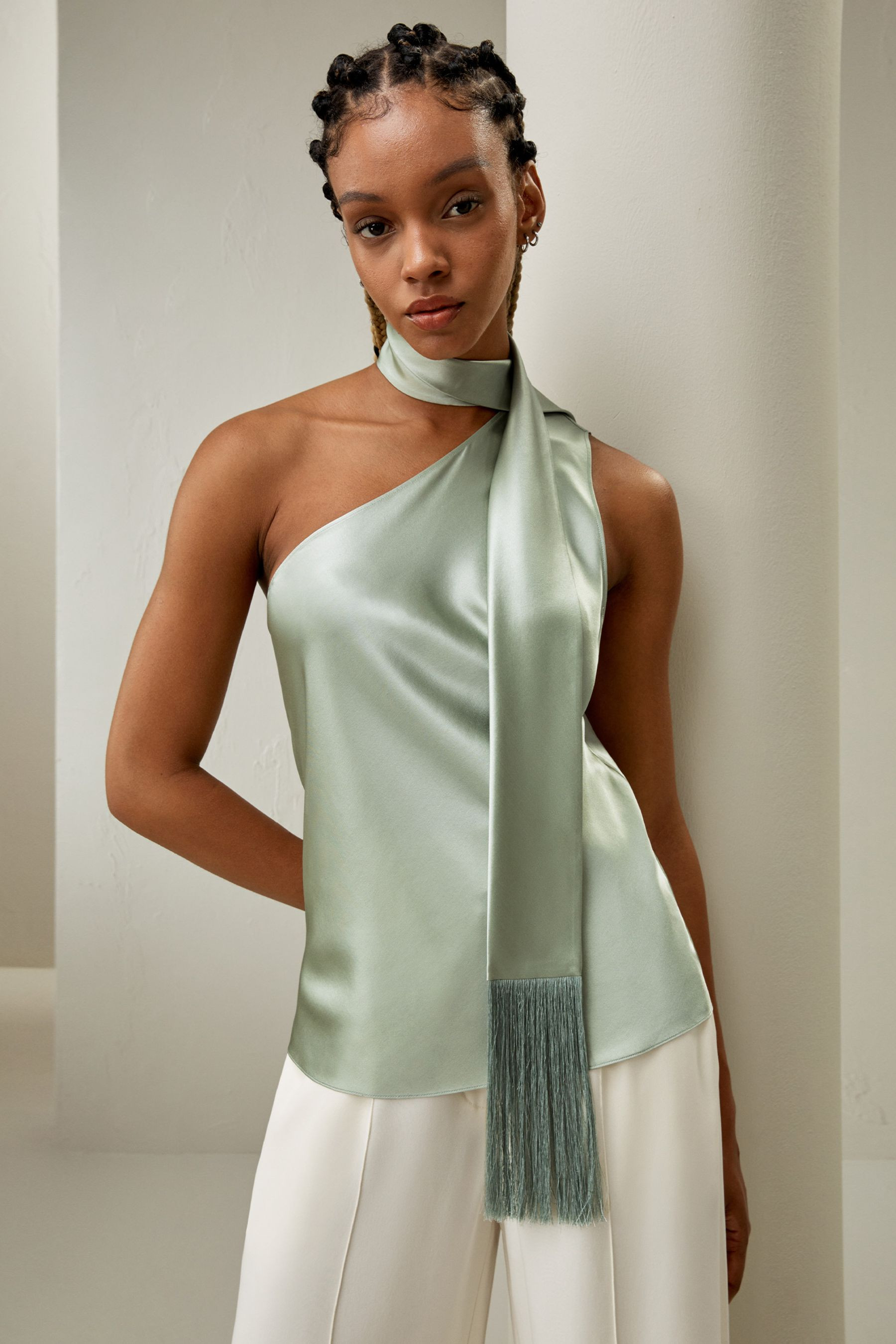One-shoulder Top With Tassel Scarf | LILYSILK
