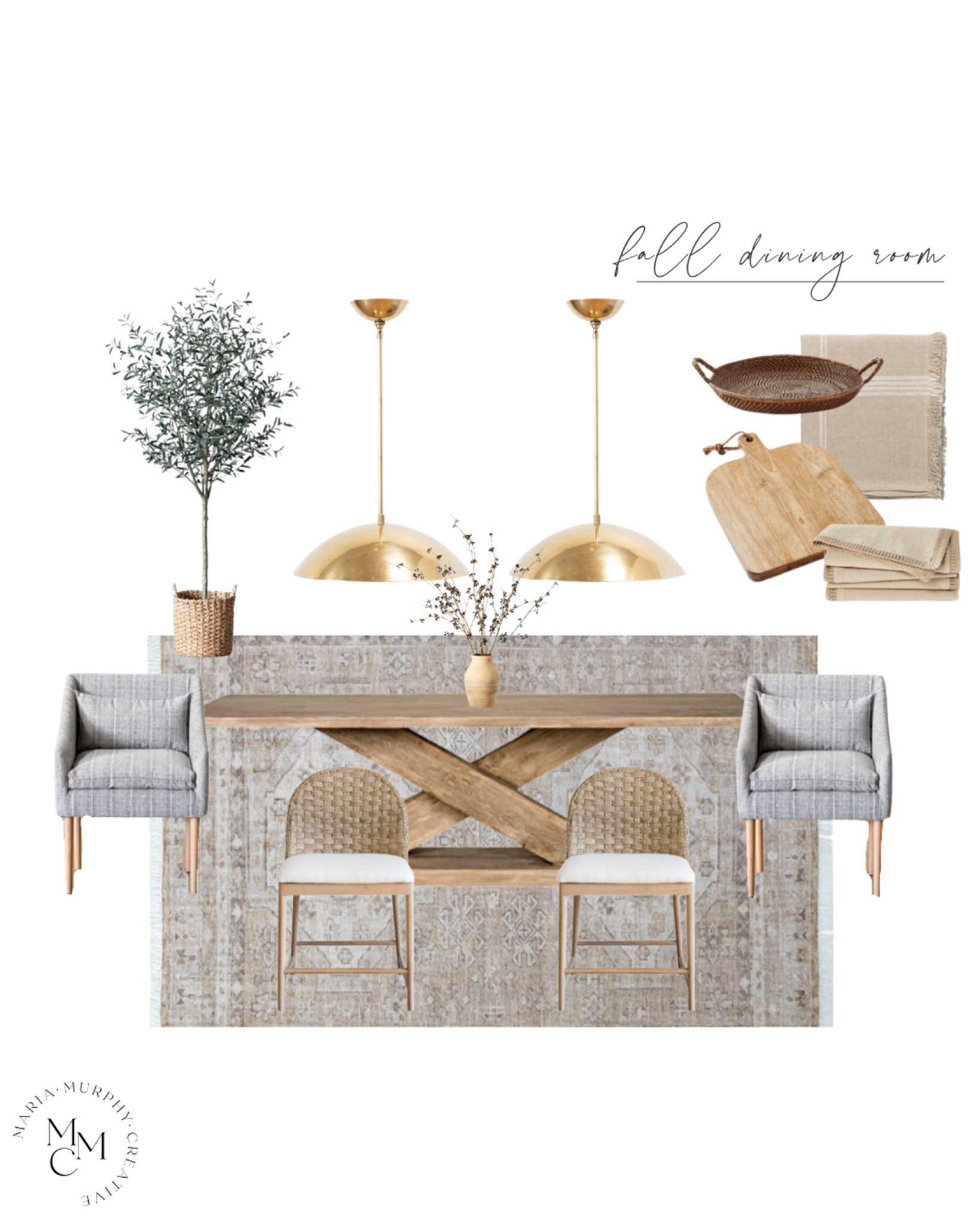 Fall dining room featuring a wooden table, woven chairs and neutral area rug! 

#LTKhome #LTKSeasonal