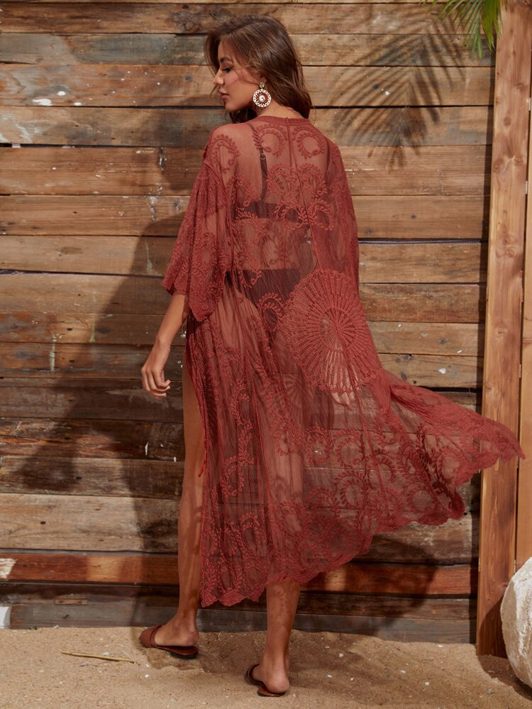 Tie Front Embroidery Sheer Mesh Kimono | SHEIN