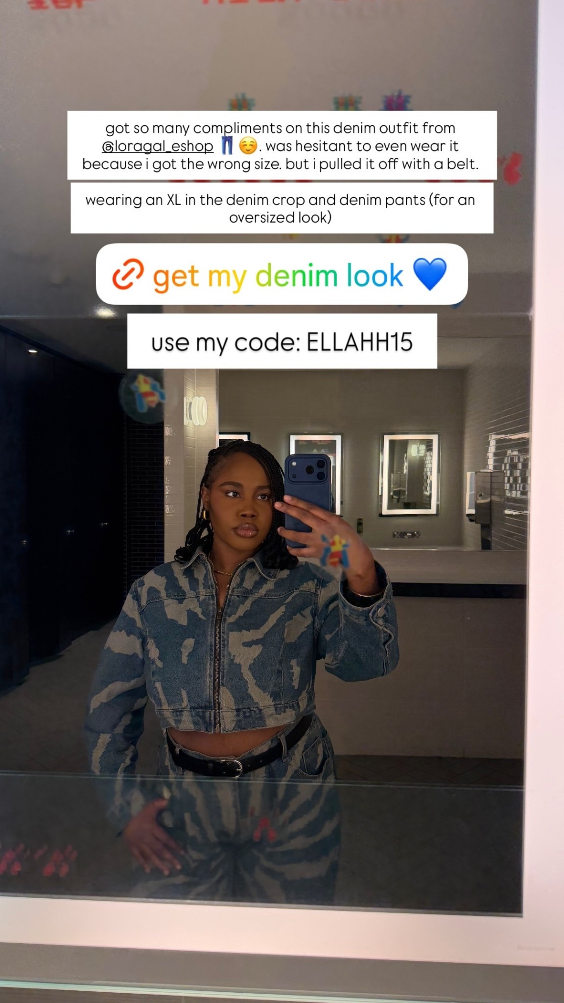 got so many compliments on this denim outfit from @loragal_eshop 👖☺️. was hesitant to even wear it because i got the wrong size. but i pulled it off with a belt. 

wearing an XL in the denim crop and denim pants (for an oversized look)
 use my code: ELLAHH15

#LTKfall #LTKcanada #LTKwinter