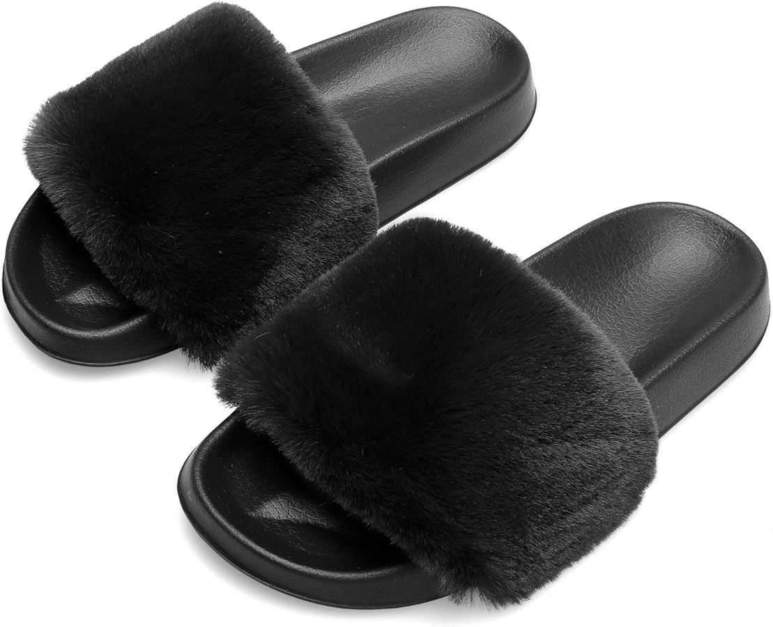 Spesoul Womens Furry Slippers Open Toe Indoor Outdoor House Casual Flat Slides Sandals | Amazon (US)