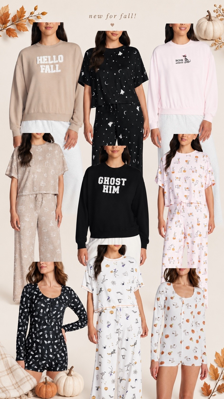 New for fall! Fall lounge and pajamas. Fall Halloween pajamas, pants, sweatshirts. Rompers