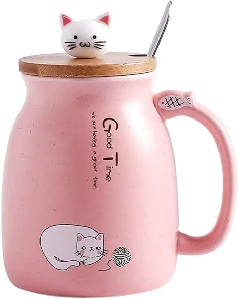 Cat Mug Cute Ceramic Coffee Cup with Lovely Kitty wooden lid Stainless Steel Spoon,Novelty Mornin... | Amazon (US)