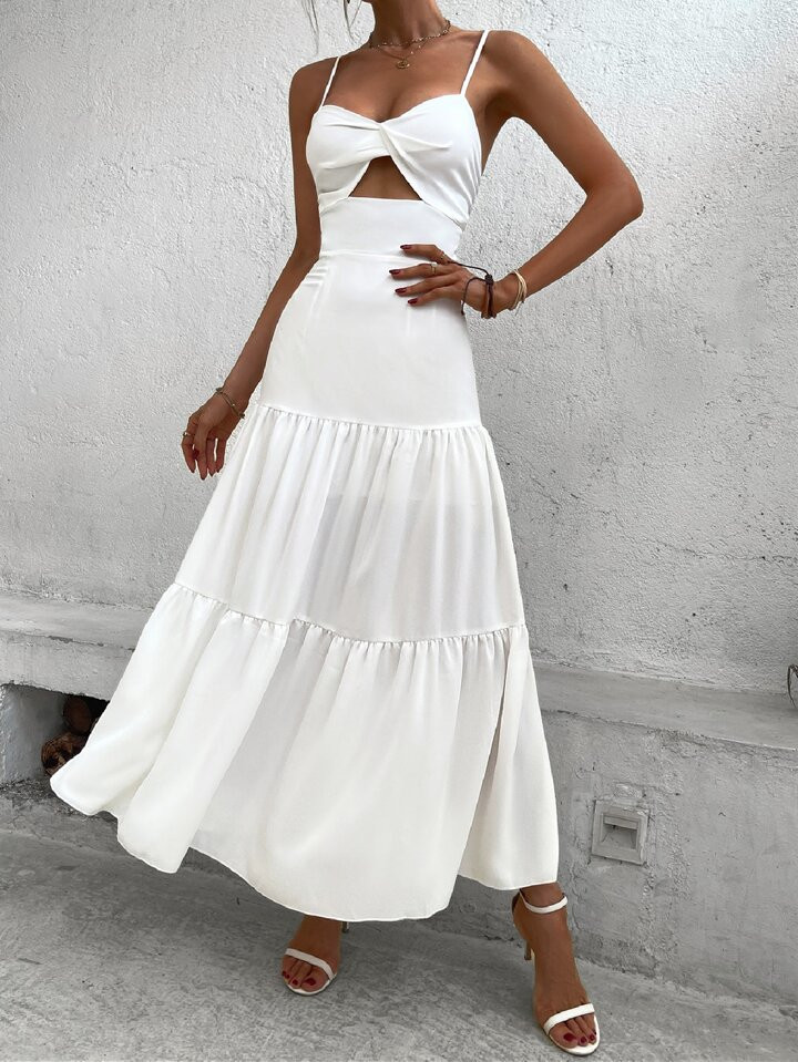 Breezaya Twist Front Cut Out Ruffle Hem Maxi Cami Dress Vacation Beach Outfits Women | SHEIN