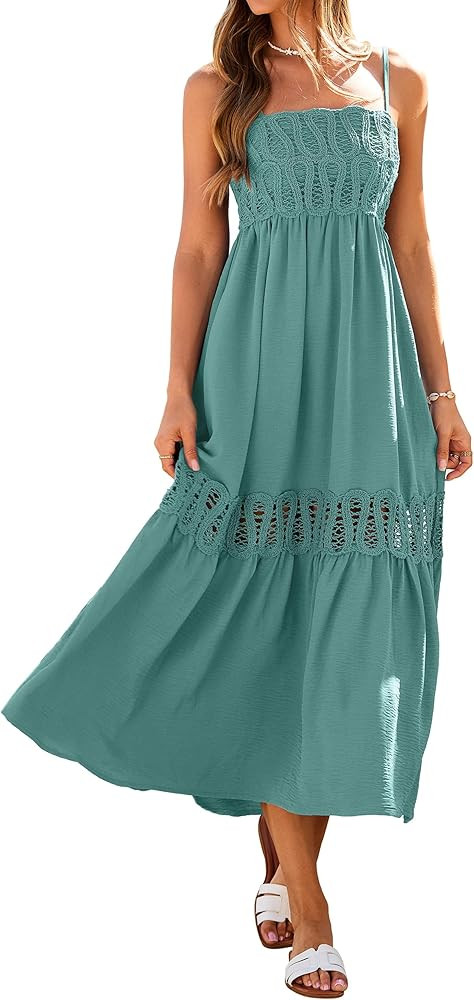 Glamaker Women's Summer Crochet Lace Maxi Dress 2026 Spaghetti Strap Smocked Flowy Beach Vacation... | Amazon (US)