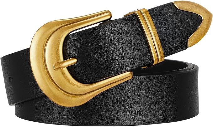 XZQTIVE Women's Leather Belt Plus Size Ladies Western Belt Silver Gold Buckle Black Waist Belt fo... | Amazon (US)