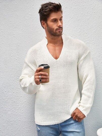 Men Notched Neck Drop Shoulder Sweater
   
      SKU: sm2210075880177728
          (1 Reviews)   ... | SHEIN