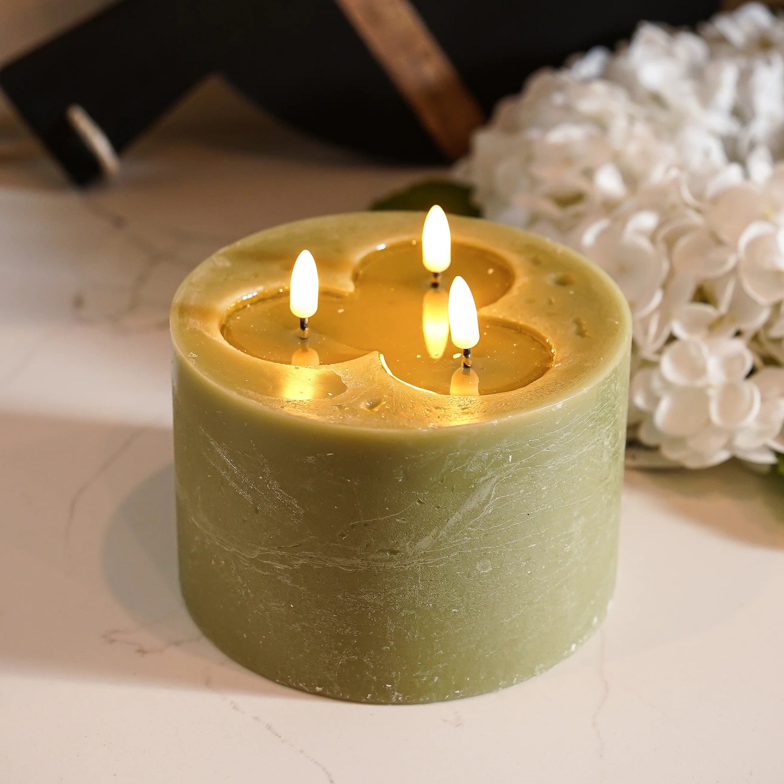 Textured Triple Wick LED Candle | Sage Green | MJHome