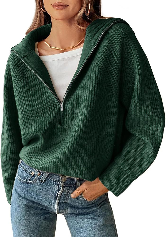 BTFBM Womens Sweaters Fall 2024 Half Zip Pullover Trendy V Neck Collared Sweater Long Sleeve Ribb... | Amazon (US)