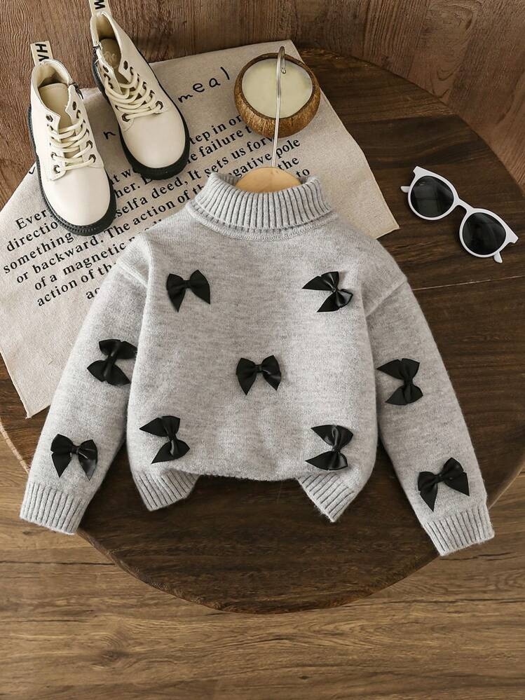 LMoss Kids LMoss Young Girl Stand Collar Fitted Loose Bowknot Casual Sweater,In Fall/Winter | SHEIN