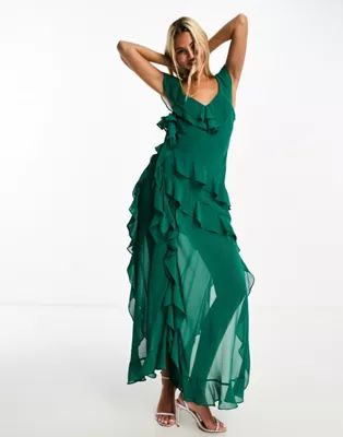 Ever New corsage ruffle georgette maxi dress in emerald | ASOS (Global)
