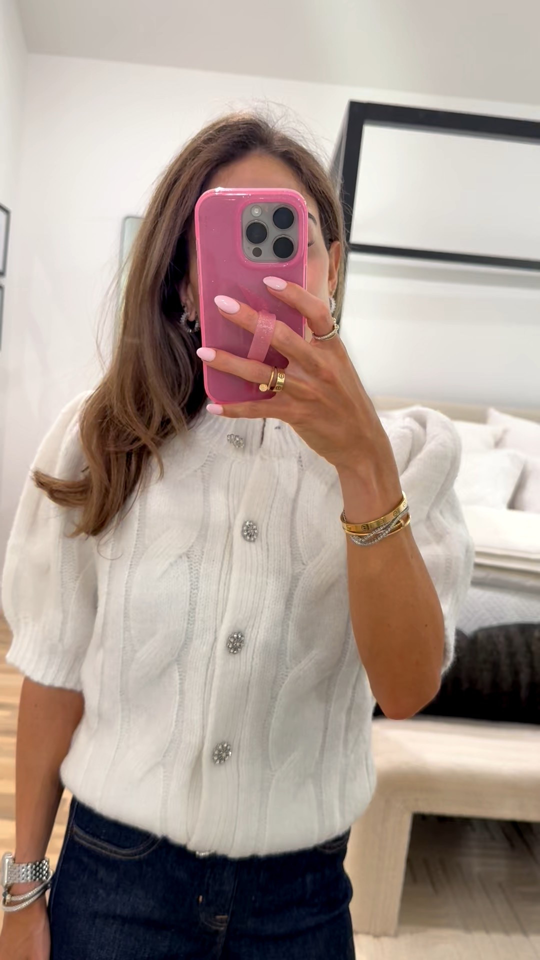 Cable knit holiday sweater love this fabric and sparkle buttons holiday outfit idea size xs 
Wide leg jeans 

#LTKHoliday #LTKPetite #LTKFindsUnder50