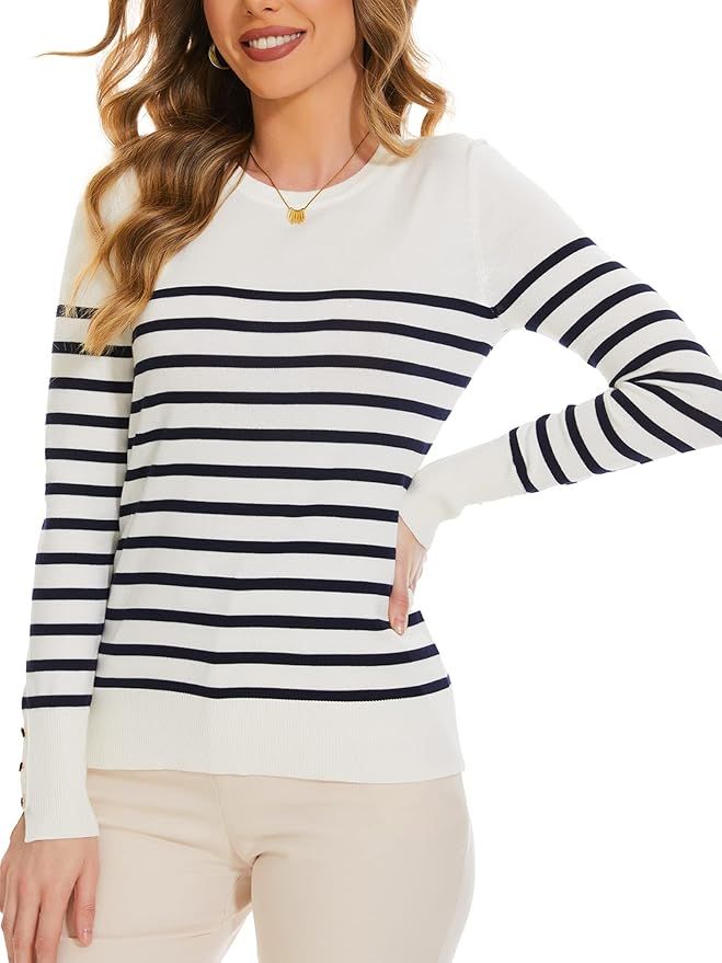 ROW 8 ROW Sweaters for Women Striped Crew Neck Pullover Sweater Lightweight Long Sleeve Fall Knit... | Amazon (US)