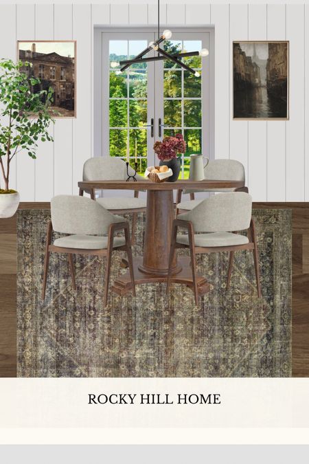 Dining Room Design Board, round dining table, affordable upholstered dining chairs, amber Lewis loloi rug, printable vintage art, modern chandelier 

#LTKhome #LTKstyletip