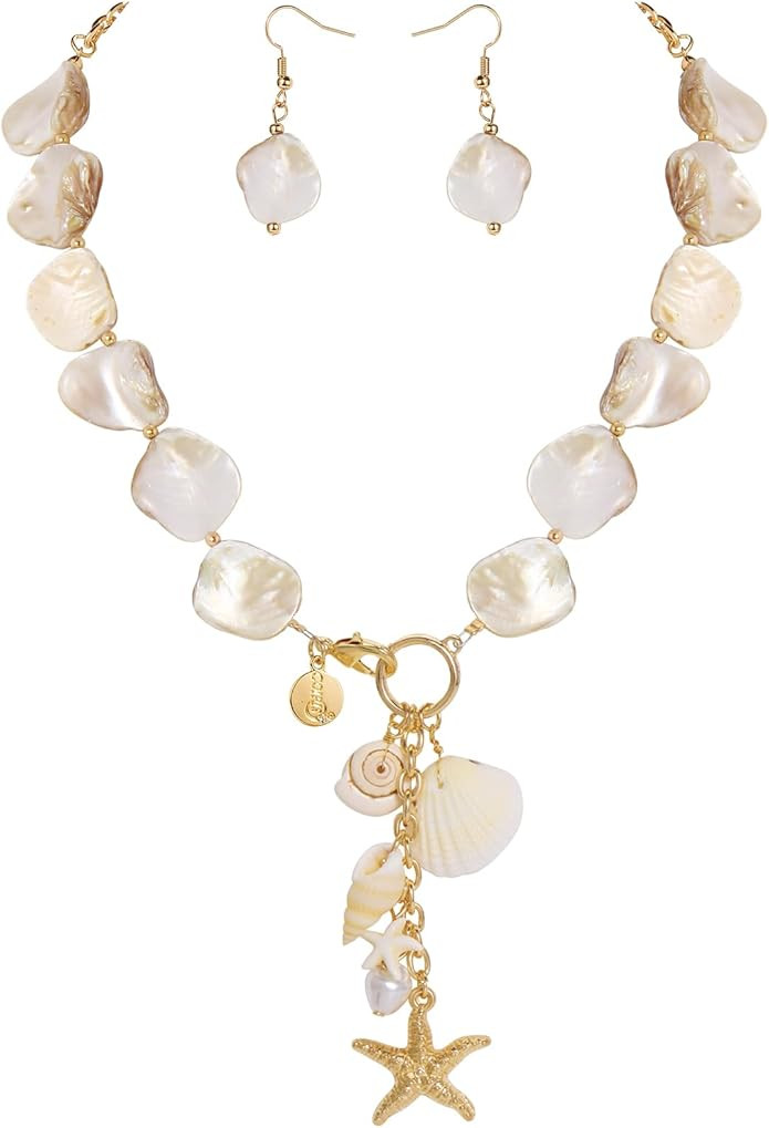 Coiris Natural Seashell Choker Necklaces Earrings Jewelry Set for Women Starfish Shell Freshwater... | Amazon (US)