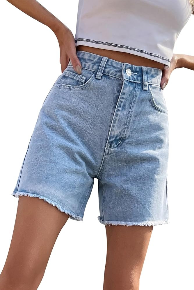 NEYOUQE Women's Casual High Waisted Raw Hem Straight Leg Summer Jean Shorts Stretch Pockets Denim... | Amazon (CA)
