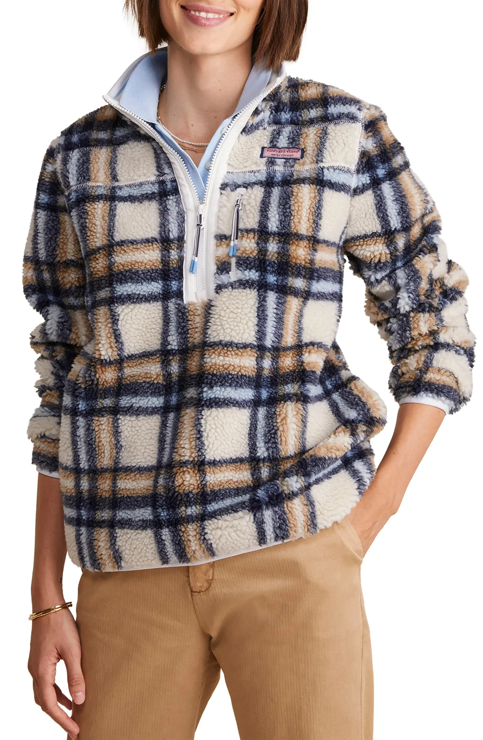 vineyard vines Plaid Faux Shearling Half-Zip Pullover | Nordstrom | Nordstrom