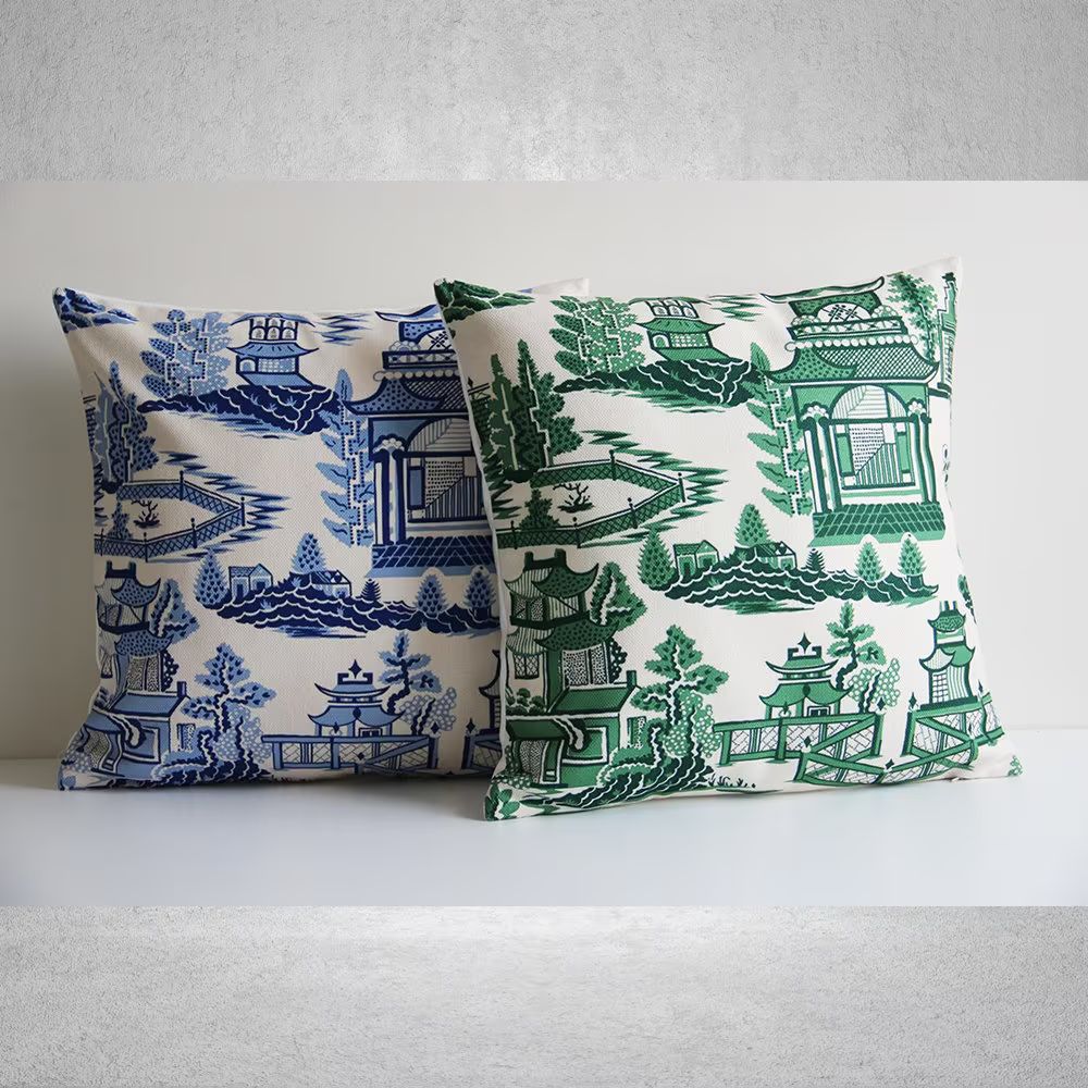 Green / Blue Chinoiserie Courtyard Throw Pillow Cover - Chinoise Exotique Scenic Cushion Cover, O... | Etsy (US)