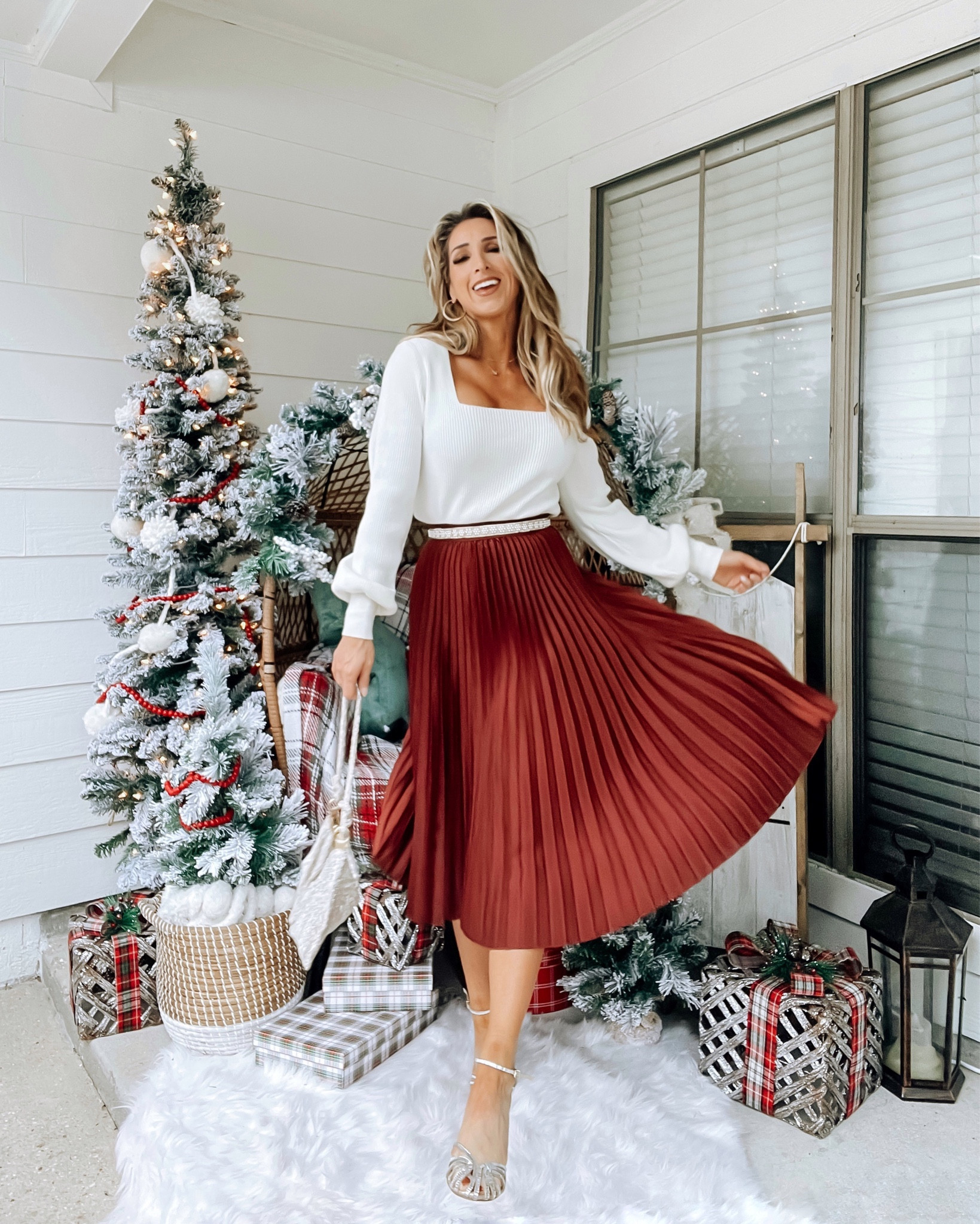 Burgundy pleated midi skirt, holiday outfits, Christmas Day outfit, holiday party, white long sleeve sweater, sequin bag, dressy holiday outfit 

#LTKHoliday #LTKshoecrush #LTKstyletip