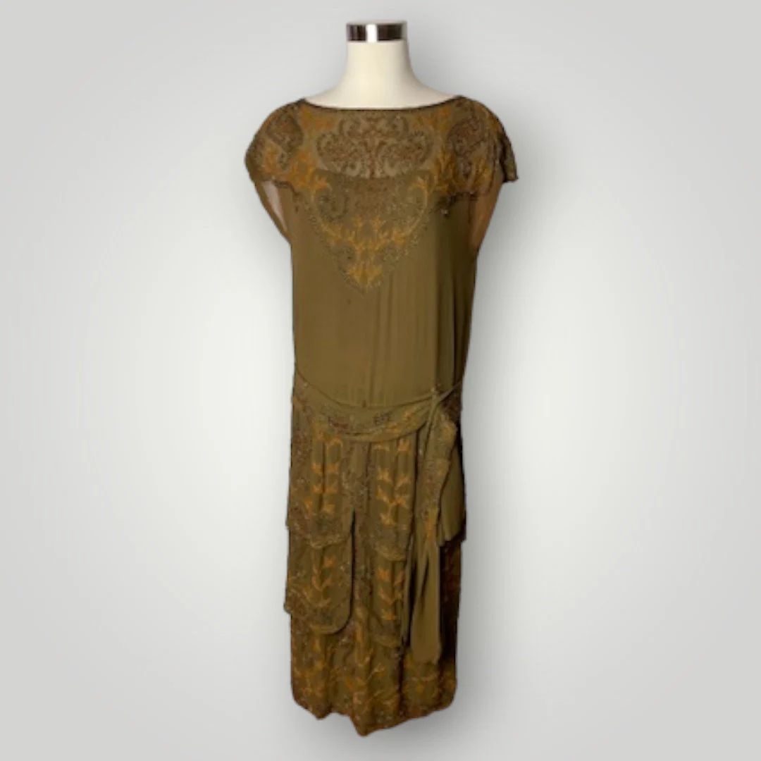 Vintage 1920s Beaded Handmade Flapper Dress Brown Floral Earth Tones M F - Etsy | Etsy (US)