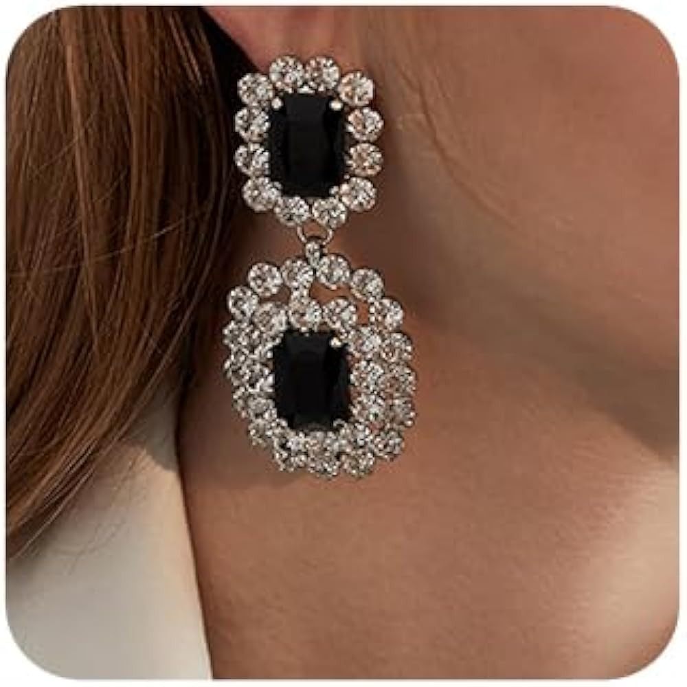 Women Bride Wedding Boho Statement Large Black Rhinestones Elegant Earrings Silver Tassel Full Rh... | Amazon (US)