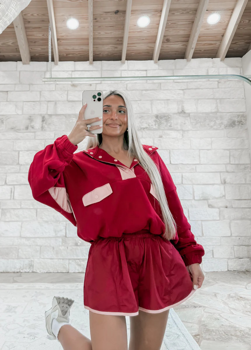 Get In The Groove Color Block Poplin Pullover + Short Set - Burgundy | CK Squared Boutique
