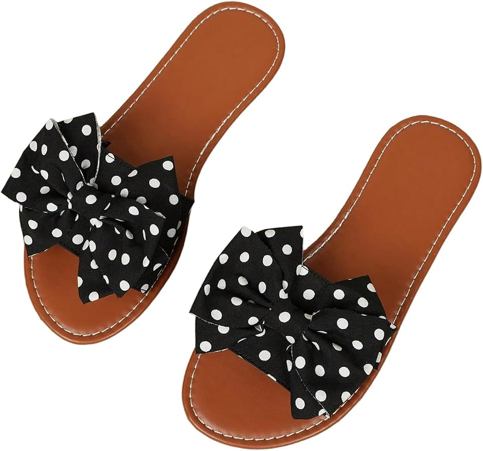 MakeMeChic Women's Polka Dots Bow Flat Sandals Faux Leather Slip On Summer Shoes | Amazon (US)