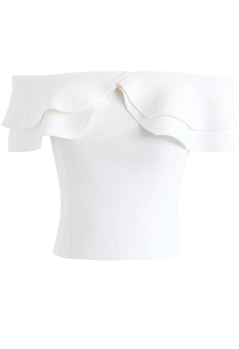 Off-Shoulder Tiered Cropped Knit Top in White | Chicwish