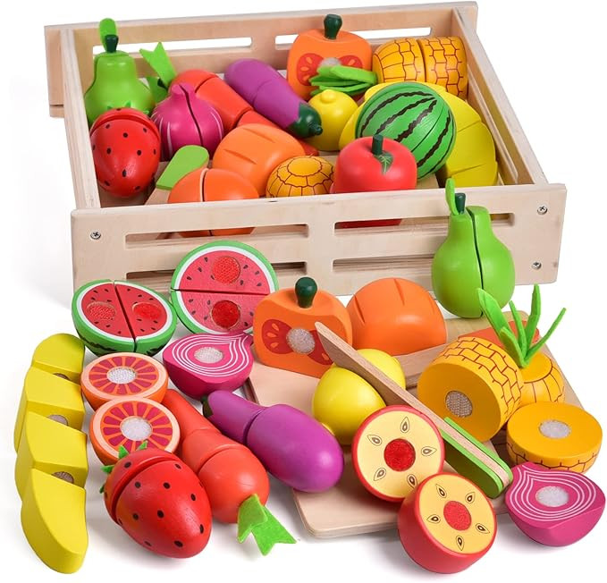 FUN LITTLE TOYS 35PCS Wooden Play Food for Kids Kitchen, Pretend Cutting Food Toys with Wooden Tr... | Amazon (US)