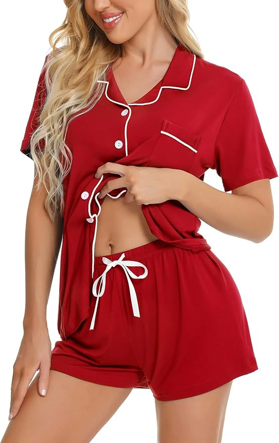 SWOMOG Womens Button Down Pajamas Set Short Sleeve Sleepwear Bride Soft Pj Lounge Sets XS-3XL | Amazon (US)