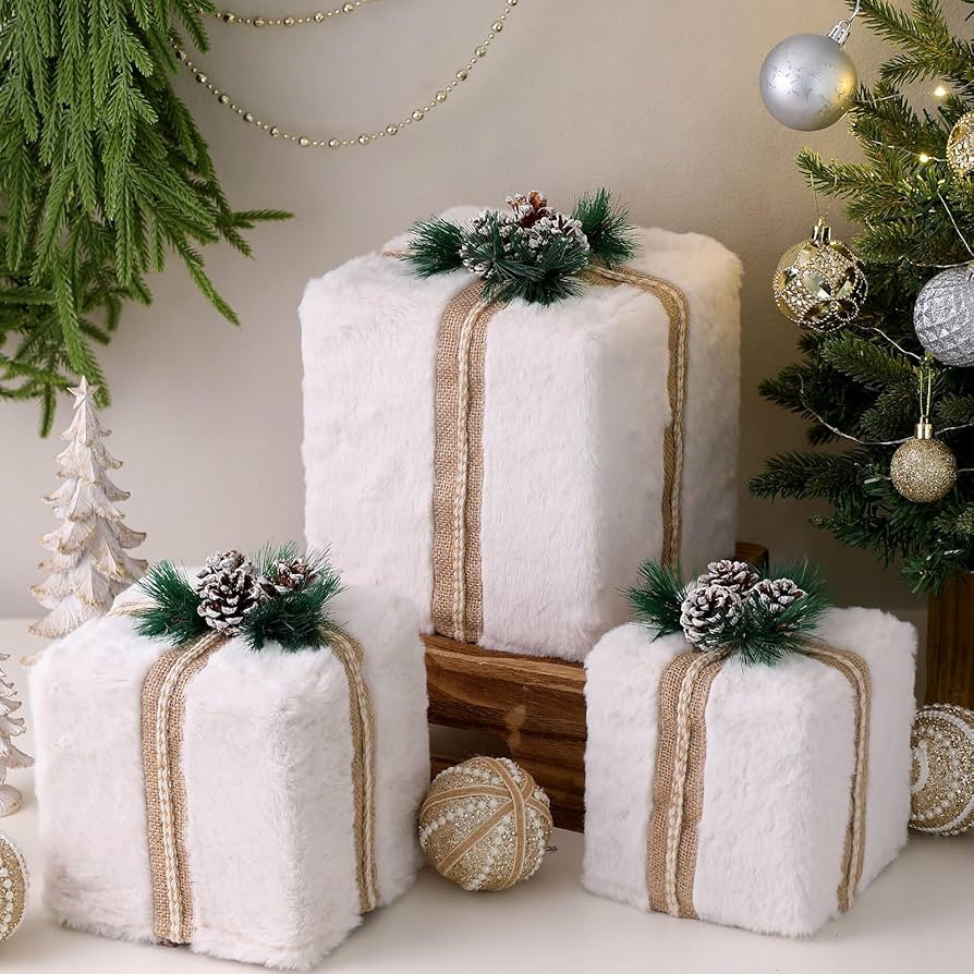 Set of 3 Faux Fur Christmas Gift Boxes Furry Pine Cones and Needles Christmas Present Box Farmhou... | Amazon (US)
