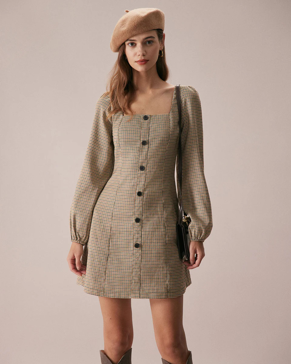The Khaki Square Neck Plaid Button Mini Dress | rihoas.com