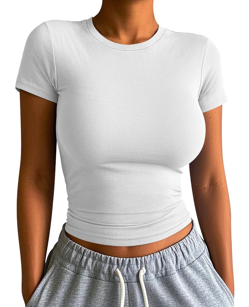 ATHMILE Womens Basic T-Shirts Going Out Crop Tops Tight Slim Fit Cute Teen Girls Short Sleeve/Lon... | Amazon (US)