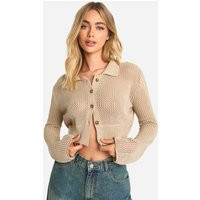 Womens Lightweight Knit Collared Cropped Cardigan - Beige - Xs | boohoo (US & Canada)