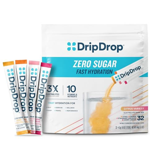 DripDrop Sugar Free Hydration Packets - Zero Citrus Variety Pack - Single Serve Electrolytes Powder Drink Mix - Cherry Limeade, Citrus, Orange, Strawberry Lemonade - Non-GMO, Gluten Free - 32 Sticks | Amazon (US)