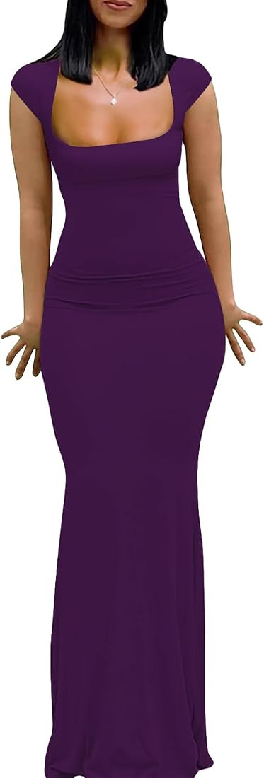 Womens Summer Cap Sleeve Square Neck Elegant Casual Lounge Bodycon Slim Maxi Evening Party Long D... | Amazon (US)