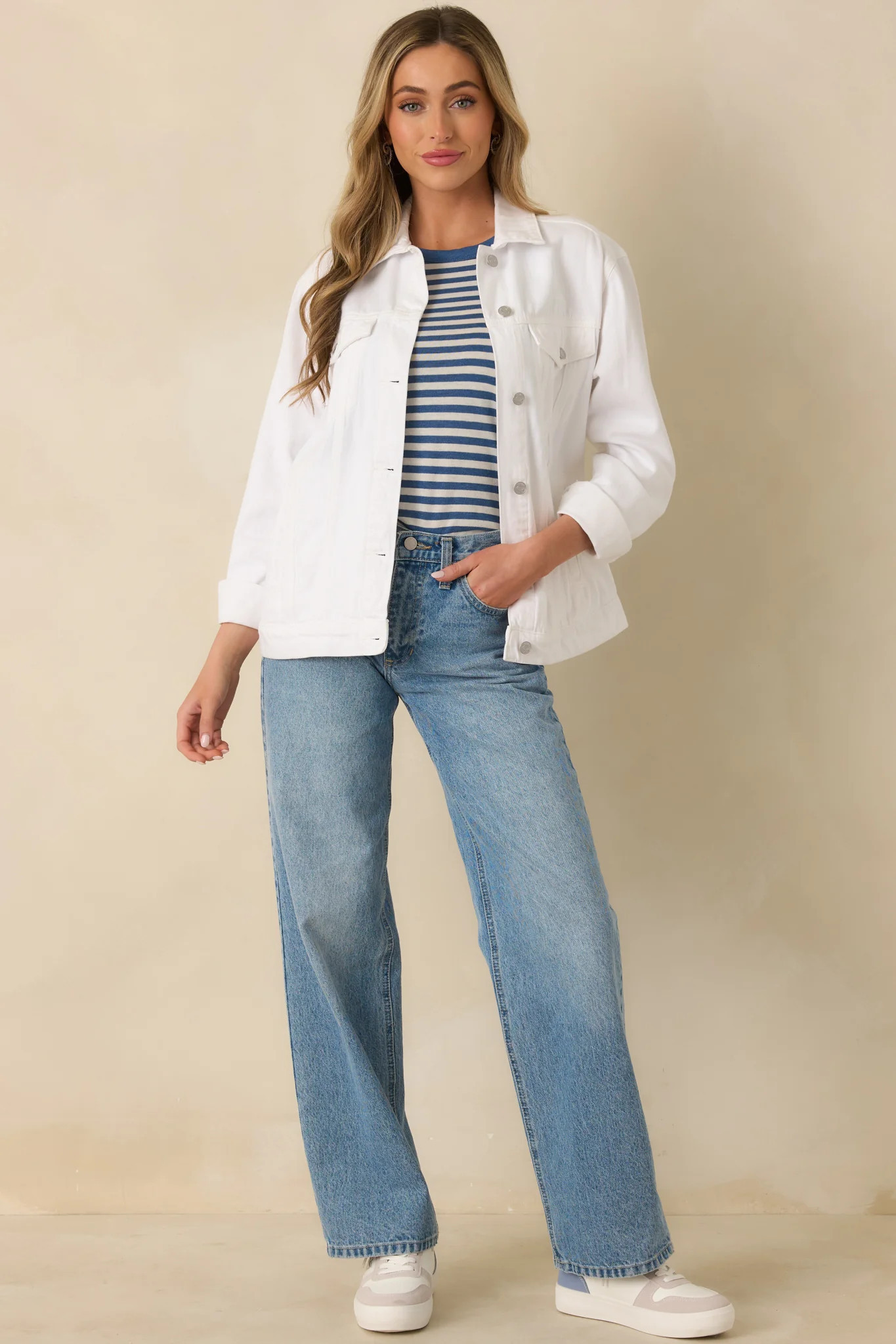 Do You Ever White Denim Jacket | Red Dress