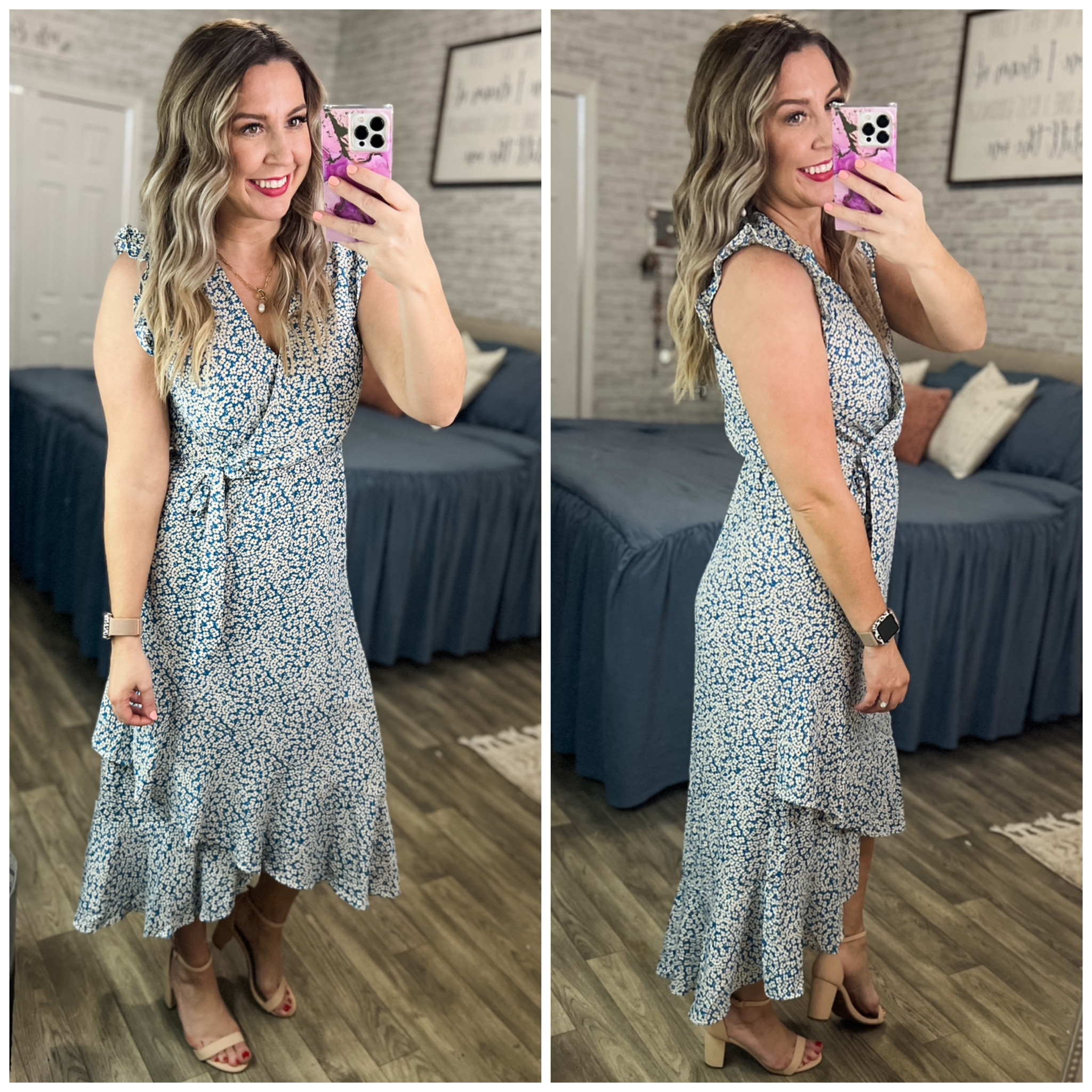 New dress! This one is so forgiving! It’s a faux wrap, has a removable sash, snap closure on the chest, and a slight flutter cap sleeve. True to size, I’m in the medium!