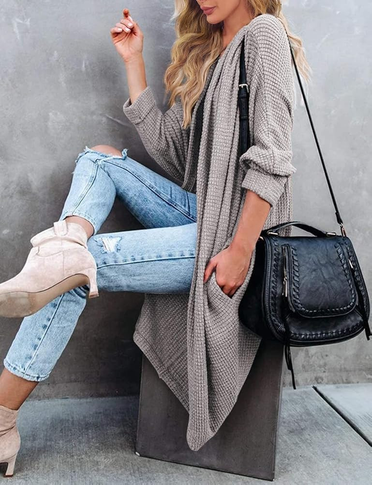 MEROKEETY Women's Waffle Knit Batwing Long Sleeve Cardigan Loose Open Front Sweater Coat | Amazon (US)